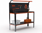 Стол-верстак Metalex серия KIT 950х1200х400 (одна полка + перфопанель с комплектом освещения) (оранжево-черный)