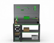 Стол-верстак Metalex серия KIT 950х1600х600 (с бок. полками, двумя перфопанелями и комп. аксессуаров) (серо-зеленый)