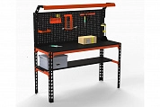Стол металлический Metalex серия SUN 750х1100х400 (одна полка + перфопанель с комплектом освещения) оранжево-чёрный