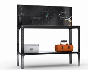 Стол-верстак Metalex серия KIT 950х1600х500 (одна полка) + перфопанель с комплектом аксессуаров (черный)