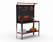 Стол-верстак Metalex серия KIT 950х1800х600 (одна полка + двойная перфопанель с комплектом освещения) (оранжево-черный)