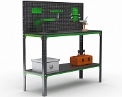 Стол-верстак Metalex серия KIT 950х1200х400 (одна полка) + перфопанель с комплектом аксессуаров (серо-зеленый)