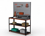 Стол-верстак Metalex серия KIT 950х1700х600 (две полки) + двойная перфопанель с комплектом аксессуаров (оранжево-черный)