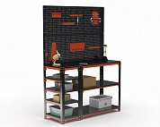 Стол-верстак Metalex серия KIT 950х1800х600 (с бок. полками, двумя перфопанелями и комп. аксессуаров) (оранжево-черный)