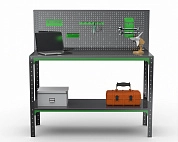 Стол-верстак Metalex серия KIT 950х1200х600 (одна полка) + перфопанель с комплектом аксессуаров (серо-зеленый)