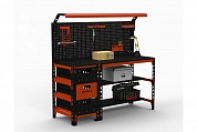 Стол металлический Metalex серия SUN 750х1400х600 (с выдвижными ящиками, перфопанелью и комплектом освещения) оранжево-чёрный