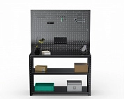 Стол-верстак Metalex серия KIT 950х1300х500 (две полки) + двойная перфопанель с комплектом аксессуаров (черный)