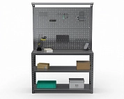 Стол-верстак Metalex серия KIT 950х1400х400 (2-е полки, двойная перфопанель с комплектом освещения) (серый)