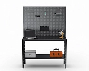 Стол-верстак Metalex серия KIT 950х1200х600 (одна полка) + двойная перфопанель с комплектом аксессуаров (черный)
