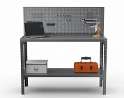 Стол-верстак Metalex серия KIT 950х1300х500 (одна полка) + перфопанель с комплектом аксессуаров (серый)