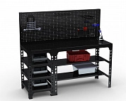 Стол металлический Metalex 750х1200х400 с боковыми полками и перфопанелью (чёрный)