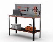 Стол-верстак Metalex серия KIT 950х1800х500 (одна полка) + перфопанель с комплектом аксессуаров (оранжево-черный)