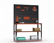 Стол-верстак Metalex серия KIT 950х1200х500 (две полки) + двойная перфопанель с комплектом аксессуаров (оранжево-черный)