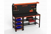 Стол металлический Metalex серия SUN 750х1400х500 (с бок. полками, перфопанелью и комплектом освещения) оранжево-чёрный