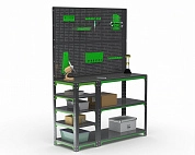 Стол-верстак Metalex серия KIT 950х1200х400 (с бок. полками, двумя перфопанелями и комп. аксессуаров) (серо-зеленый)