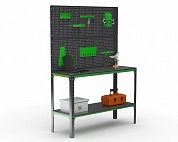 Стол-верстак Metalex серия KIT 950х1100х500 (одна полка) + двойная перфопанель с комплектом аксессуаров (серо-зеленый)