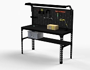 Стол металлический Metalex серия SUN 750х1300х600 (одна полка + перфопанель с комплектом освещения) чёрный 
