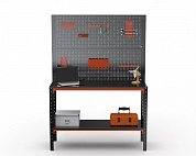 Стол-верстак Metalex серия KIT 950х1200х600 (одна полка) + двойная перфопанель с комплектом аксессуаров (оранжево-черный)