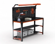 Стол металлический Metalex серия KIT 750х1300х400 (2-е полки + перфопанель с комплектом освещения) (оранжево-черный)