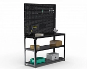 Стол-верстак Metalex серия KIT 950х1500х500 (две полки) + двойная перфопанель с комплектом аксессуаров (черный)