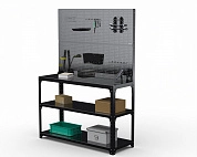 Стол-верстак Metalex серия KIT 950х1800х500 (две полки) + двойная перфопанель с комплектом аксессуаров (черный)