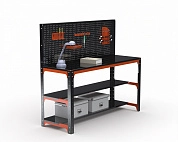 Стол металлический Metalex серия KIT 750х1400х600 + две полки + перфопанель с комплектом аксессуаров (оранжево-черный)