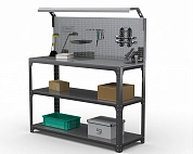 Стол-верстак Metalex серия KIT 950х1500х400 (2-е полки, + перфопанель с комплектом освещения) (серый)