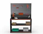 Стол-верстак Metalex серия KIT 950х1200х600 (две полки) + двойная перфопанель с комплектом аксессуаров (оранжево-черный)