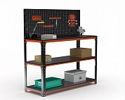Стол-верстак Metalex серия KIT 950х1400х600 (две полки) + перфопанель с комплектом аксессуаров (оранжево-черный)