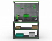 Стол-верстак Metalex серия KIT 950х1800х400 (2-е полки, двойная перфопанель с комплектом освещения) (серо-зеленый)