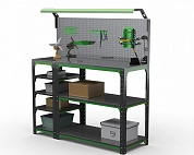 Стол-верстак Metalex серия KIT 950х1300х600 (с бок. полками, перфопанелью и комп. освещения) (серо-зеленый)