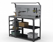 Стол-верстак Metalex серия KIT 950х1500х400 (с бок. полками, перфопанелью и комп. освещения) (серый)