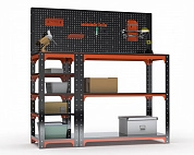 Стол-верстак Metalex серия KIT 950х1200х500 (с бок. полками, перфопанелью и комп. аксессуаров) (оранжево-черный)