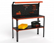 Верстак Metalex серия SUN 950х1600х600 (одна полка + перфопанель с комплектом освещения) оранжево-чёрный