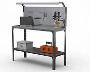 Стол-верстак Metalex серия KIT 950х1500х400 (одна полка + перфопанель с комплектом освещения) (серый)