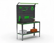 Стол-верстак Metalex серия KIT 950х1500х500 (одна полка + двойная перфопанель с комплектом освещения) (серо-зеленый)
