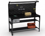 Стол металлический Metalex серия SUN 750х1500х500 (2-е полки + перфопанель с комплектом освещения) чёрный  