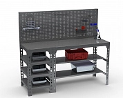 Стол металлический Metalex 750х1400х400 с боковыми полками и перфопанелью(серый)