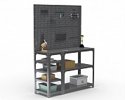 Стол-верстак Metalex серия KIT 950х1600х400 (с бок. полками, двумя перфопанелями и комп. аксессуаров) (серый)