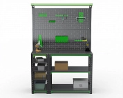 Стол-верстак Metalex серия KIT 950х1000х400 (с бок. полками, 2-мя панелями и комп. освещения) (серо-зеленый)
