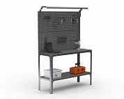 Стол-верстак Metalex серия KIT 950х1200х400 (одна полка + двойная перфопанель с комплектом освещения) (серый) 