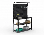 Стол-верстак Metalex серия KIT 950х1000х600 (2-е полки, двойная перфопанель с комплектом освещения) (чёрный)