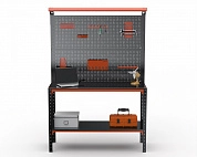 Стол-верстак Metalex серия KIT 950х1200х600 (одна полка + двойная перфопанель с комплектом освещения) (оранжево-черный)