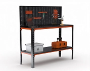 Стол-верстак Metalex серия KIT 950х1800х600 (одна полка) + перфопанель с комплектом аксессуаров (оранжево-черный)