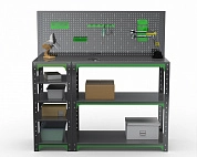 Стол-верстак Metalex серия KIT 950х1200х600 (с бок. полками, перфопанелью и комп. аксессуаров) (серо-зеленый)