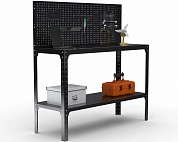 Стол-верстак Metalex серия KIT 950х1800х600 (одна полка) + перфопанель с комплектом аксессуаров (черный)