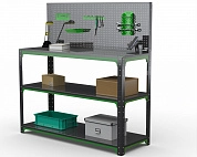 Стол-верстак Metalex серия KIT 950х1300х600 (две полки) + перфопанель с комплектом аксессуаров (серо-зеленый)