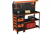 Верстак Metalex серия SUN 950х1600х600 (с бок. тумбой, 1-ой панелью и комплектом освещения) оранжево-чёрный