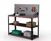 Стол-верстак Metalex серия KIT 950х1100х400 (две полки) + перфопанель с комплектом аксессуаров (оранжево-черный)