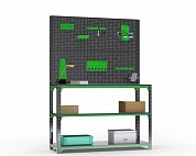 Стол-верстак Metalex серия KIT 950х1500х600 (две полки) + двойная перфопанель с комплектом аксессуаров (серо-зеленый)